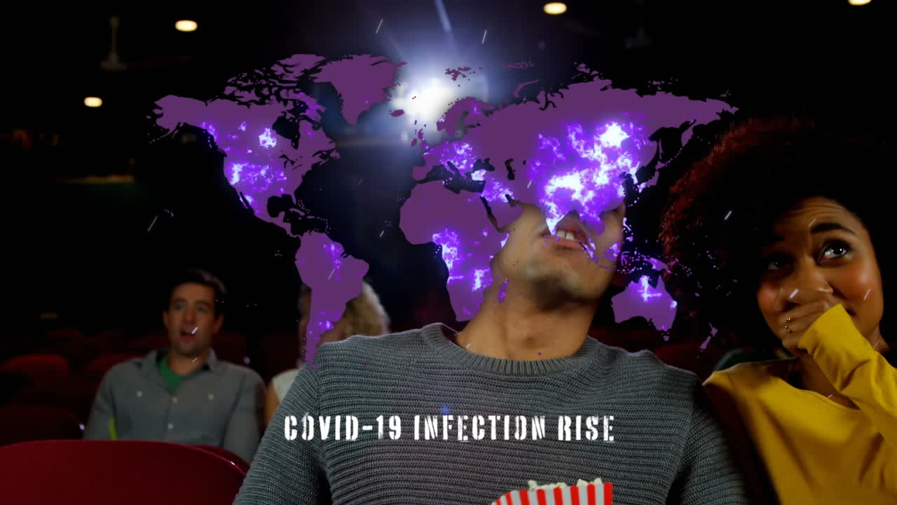 Animazione di elaborazione dati COVID-19 su mappa mondiale e persone al cinema