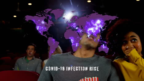 animation of covid 19 data processing over world map and people in cinema