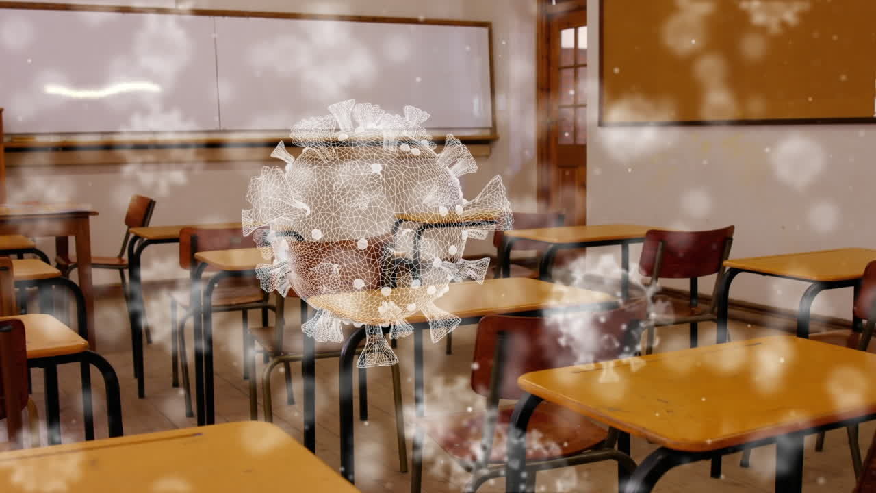 анимация клеток коронавируса над пустым классом