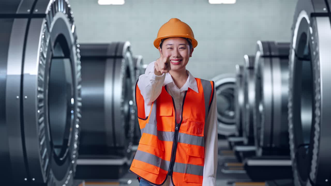 공장 설정에서 카메라를 가리키는 여성 엔지니어