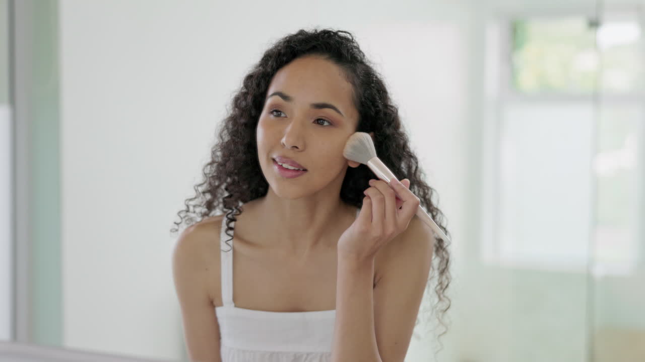 Happy woman, face and makeup brush for beauty