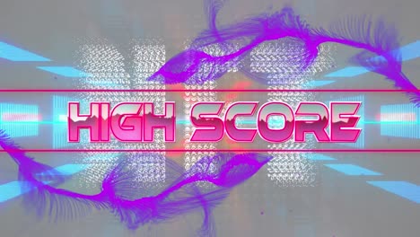Animation-of-high-score-and-nft-text-over-purple-digital-wave-and-neon-tunnel-in-seamless-pattern