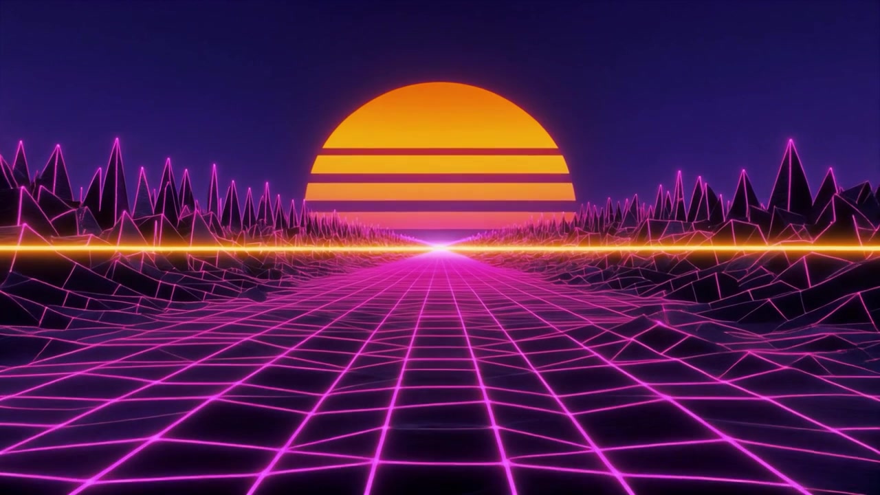 Lanskap Digital Gaya Retro Synthwave dengan Matahari Bercahaya