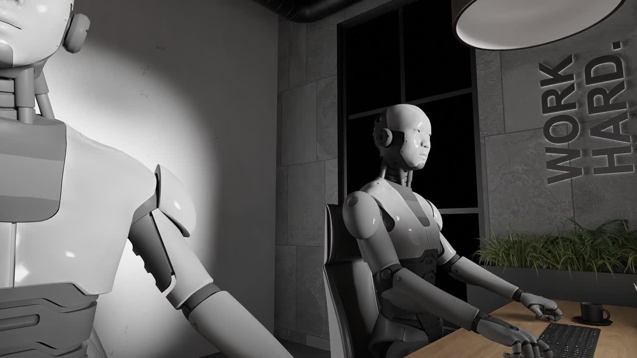 Humanoid robots working at desks with computers in modern office interior with yellow lighting and industrial details. 3D rendering of artificial intelligence and automation in workplace.