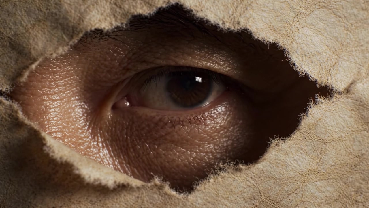 Un regard intense à travers une surface déchirée: explorant les profondeurs de l'émotion et du mystère capturées par un gros plan d'un œil derrière un tissu déchiré
