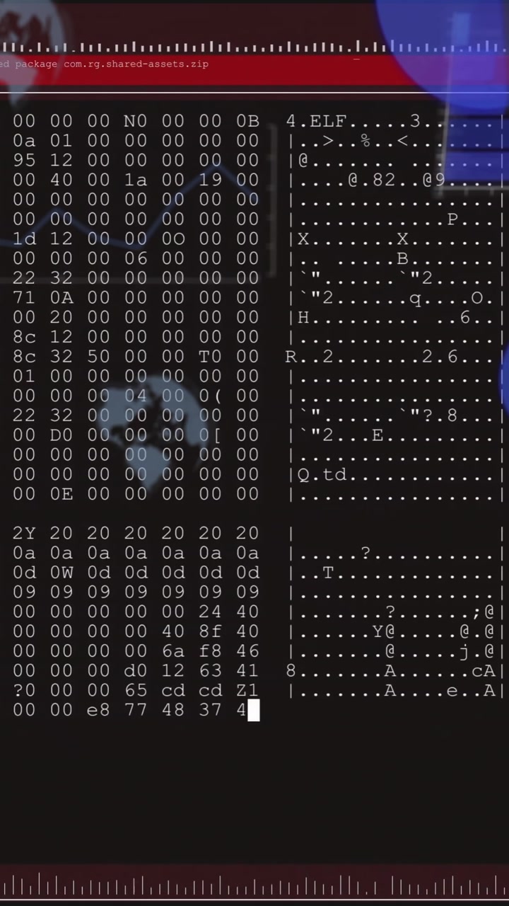 Displaying hexadecimal code and system information on abstract blue shapes animation