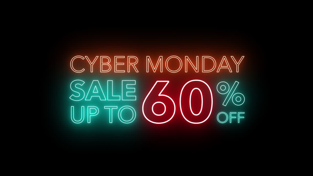 animar el parpadeo de la venta de cyber monday hasta un porcentaje de descuento colorido neón blaze cartel de movimiento banner en fondo negro para promocionar video. concepto de promoción serie de venta de marca 10-90%
