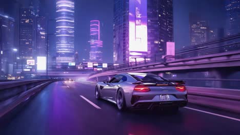 futuristic sports car on a neon-lit city highway at night