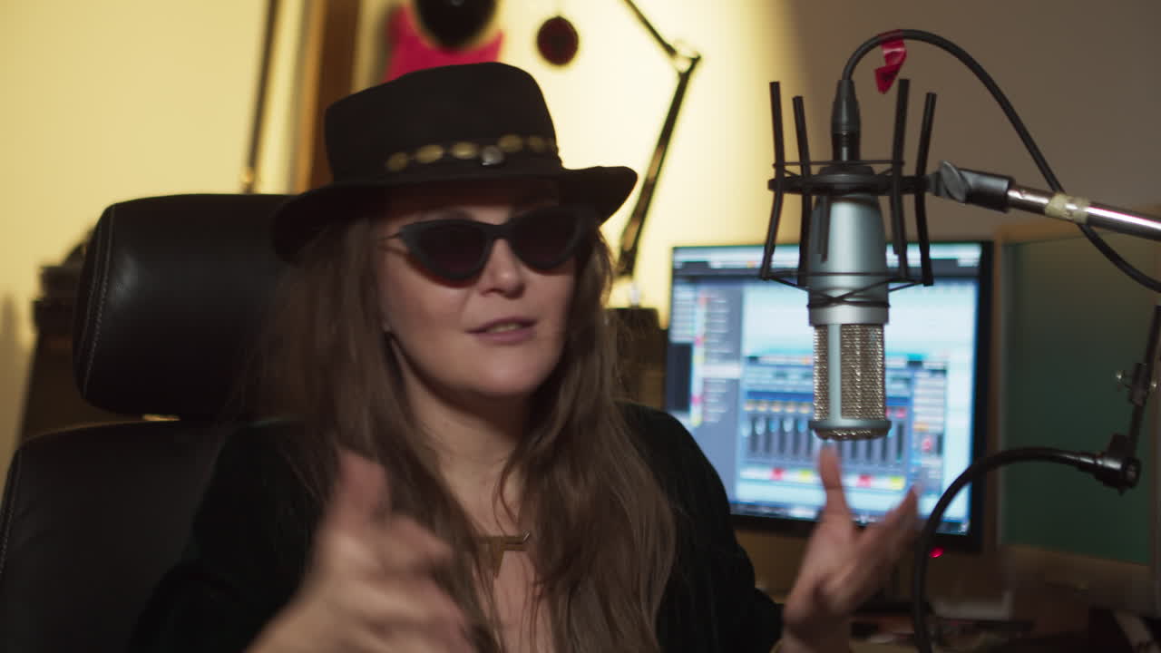 mujer rockera con gafas negras y un sombrero hippie siendo entrevistada en un estudio de grabación