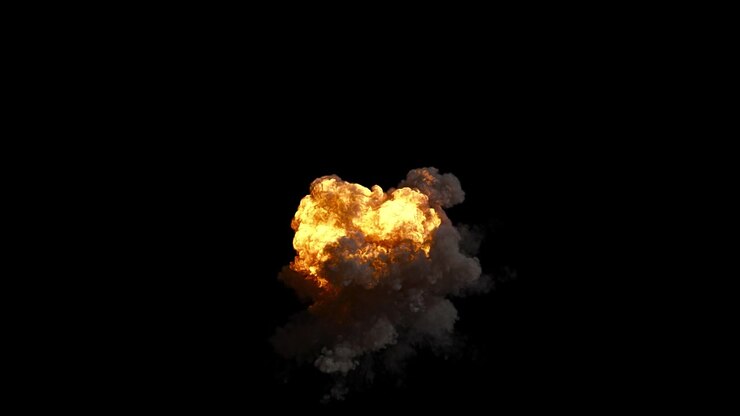 A large explosion ignites with a bright flash of fire. It expands quickly, showing intense yellow and orange flames mixed with dense, dark grey smoke.