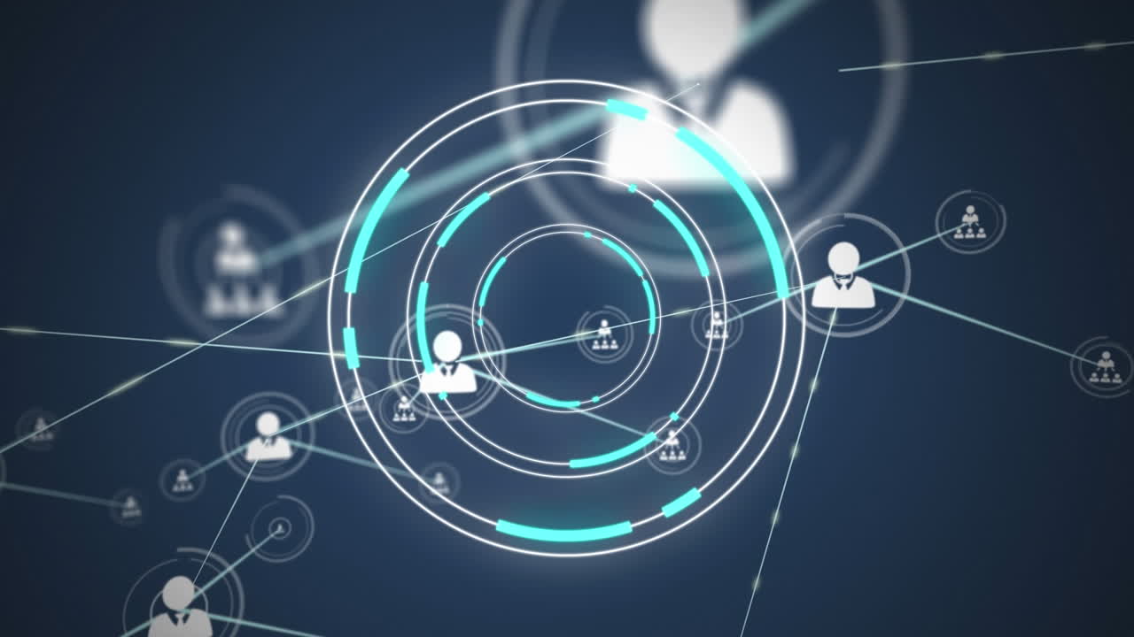 animación de la red de conexiones con iconos de usuario sobre un círculo giratorio sobre fondo azul