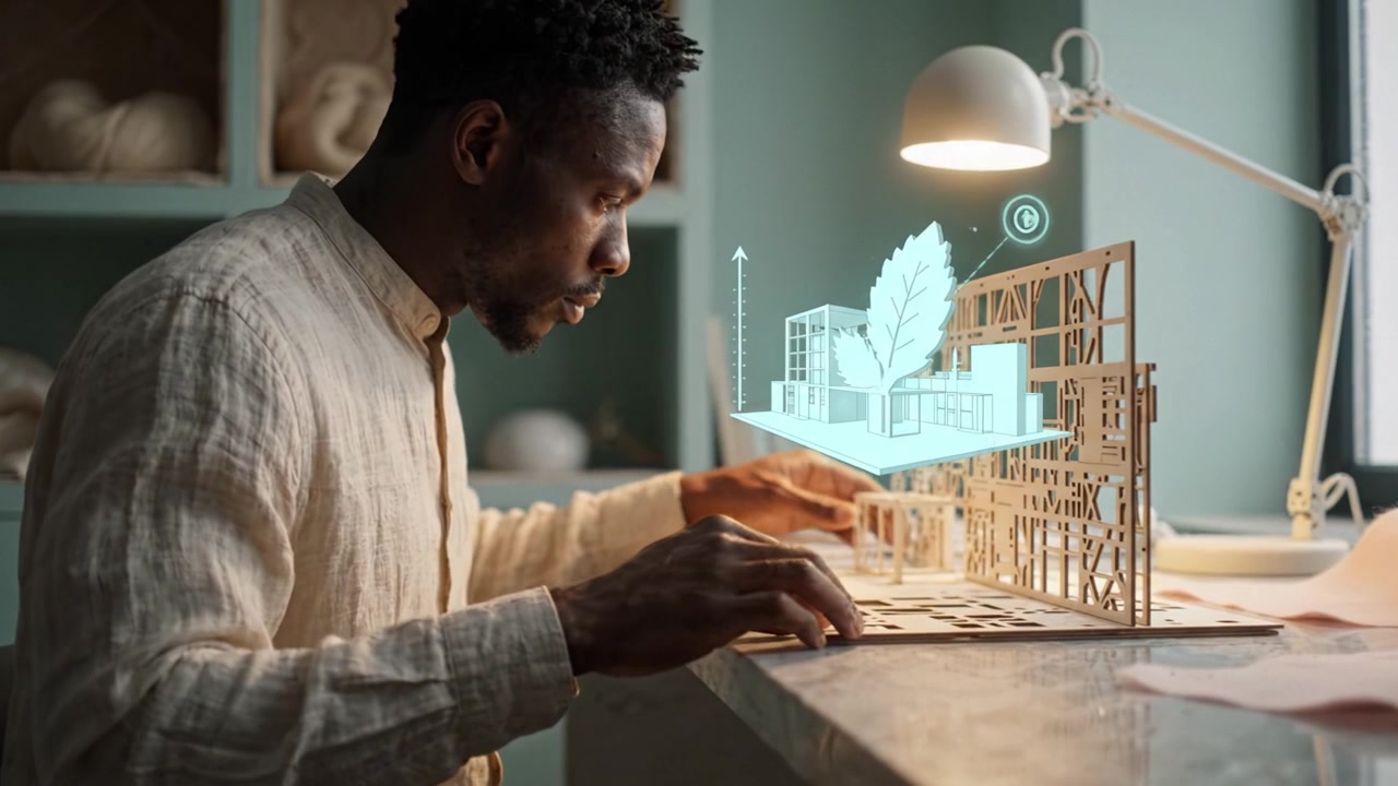 An architect meticulously crafts a wooden model while integrating innovative design concepts with digital elements in a creative workshop environment.
