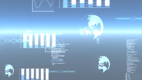animation of data processing, globes spinning and statistics recording on glowing blue background
