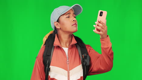 Woman,-hiking-and-phone-with-lost-on-green-screen