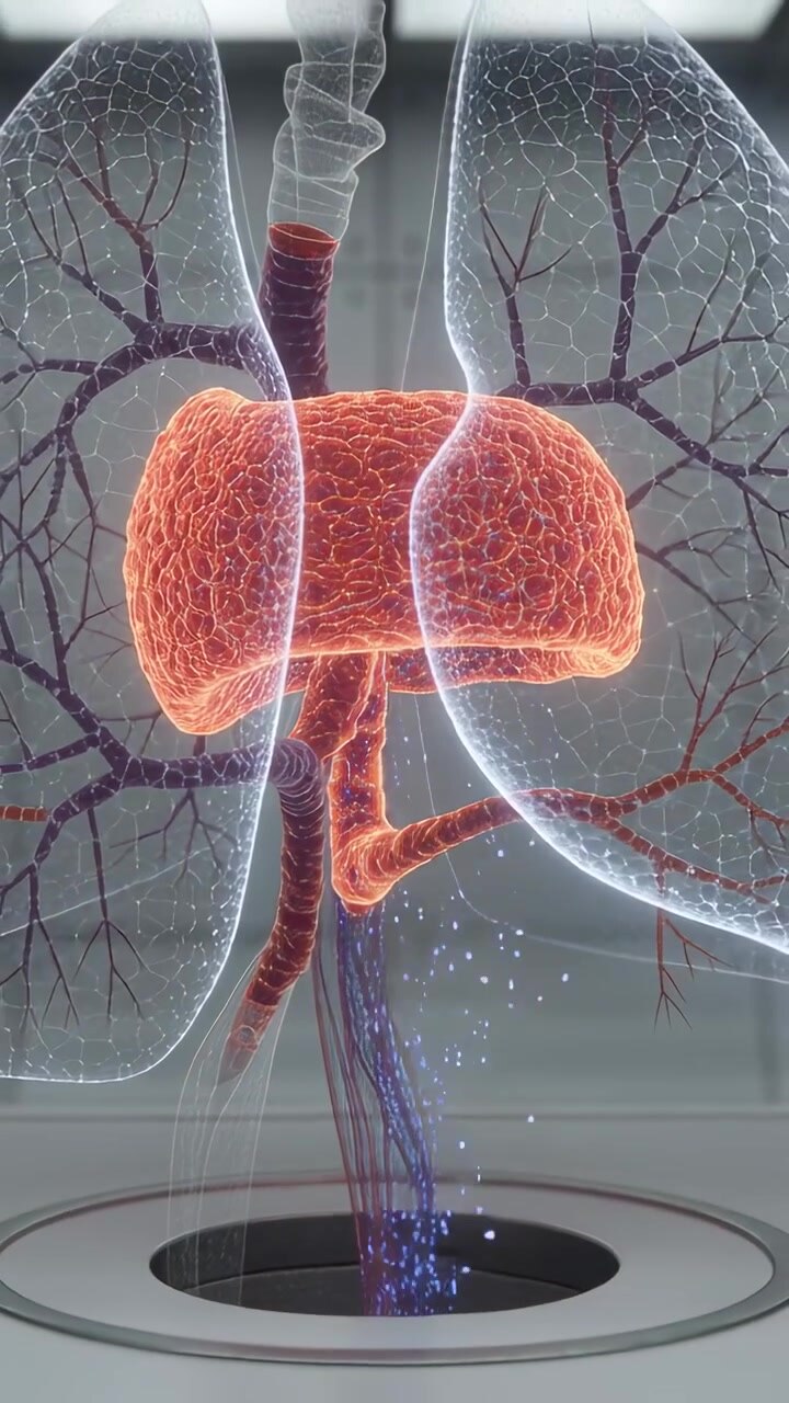 Vertical video: Emerging blue stream below organ, cam zooming out, showing trachea and lungs in lab