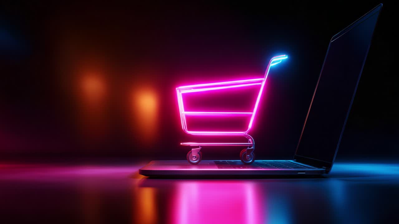 A Vibrant Display of Digital Shopping: A Neon Shopping Cart Illuminates the Laptop in a Modern, Futuristic Setting, Representing E-Commerce Trends and Online Retail Innovations