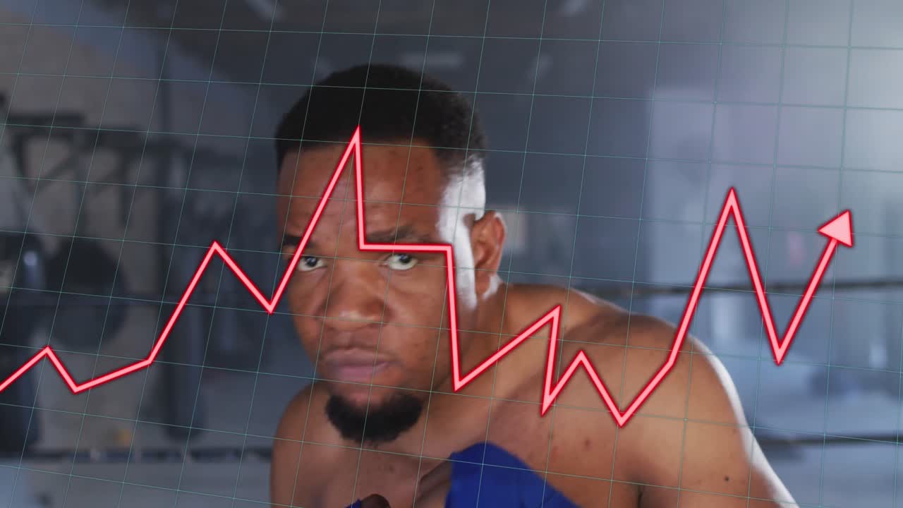 Animation of data processing over african american man exercising in boxing gym
