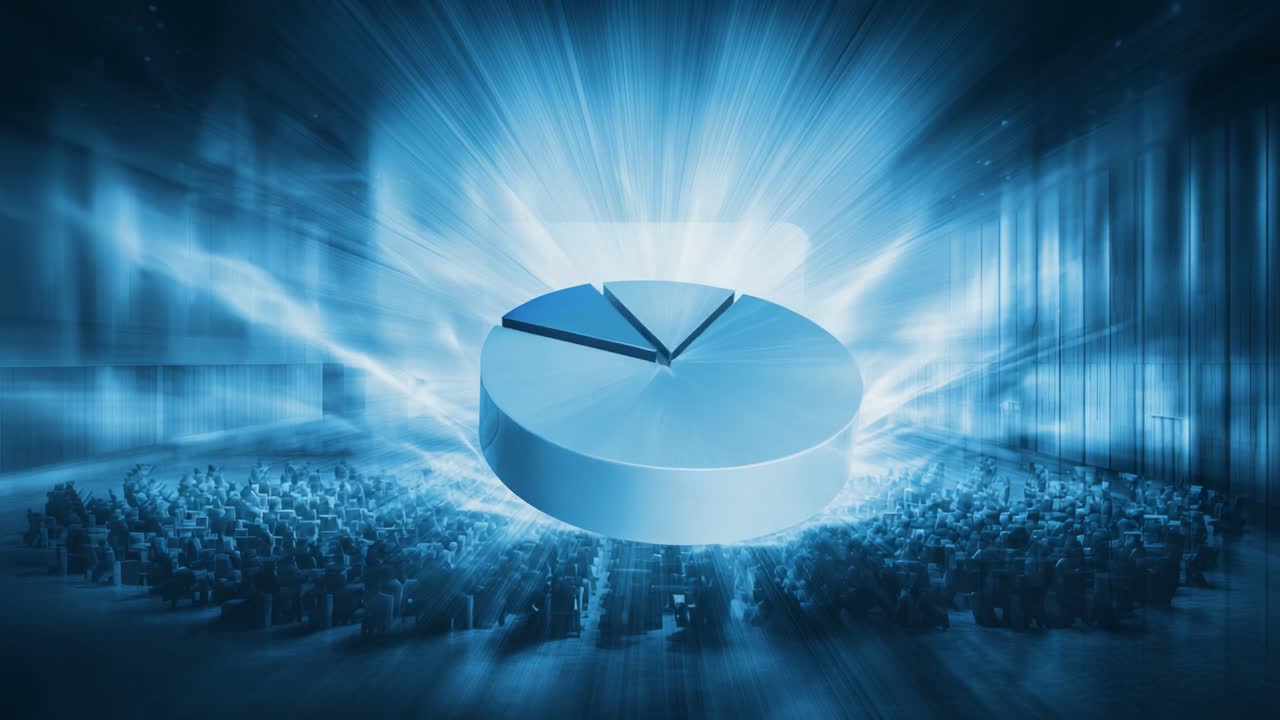 Animated holographic pie chart presenting statistical data analysis to an audience during a business conference or financial seminar, illustrating market share growth and financial performance