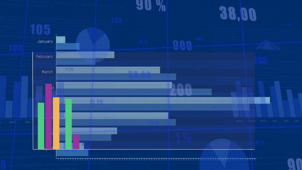 animación de gráficos coloridos sobre gráficos y procesamiento de datos sobre fondo azul