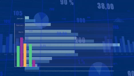 Animation-of-colourful-graph-over-charts-and-data-processing-on-blue-background