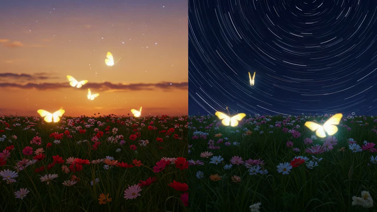 A Journey Through Time: The Enchanting Transformation of a Flower Field at Dusk with Glowing Butterflies Under a Starry Sky
