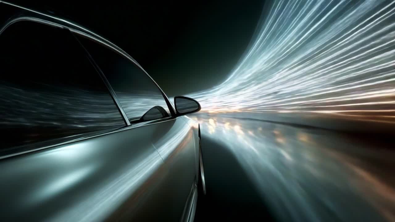 A Stunning Visual Representation of Speed and Motion: The Dynamic Journey Captured from the Perspective of a Car in Motion, Showcasing the Blur of Lights and Tessellating Lines, Evoking the Essence of Travel