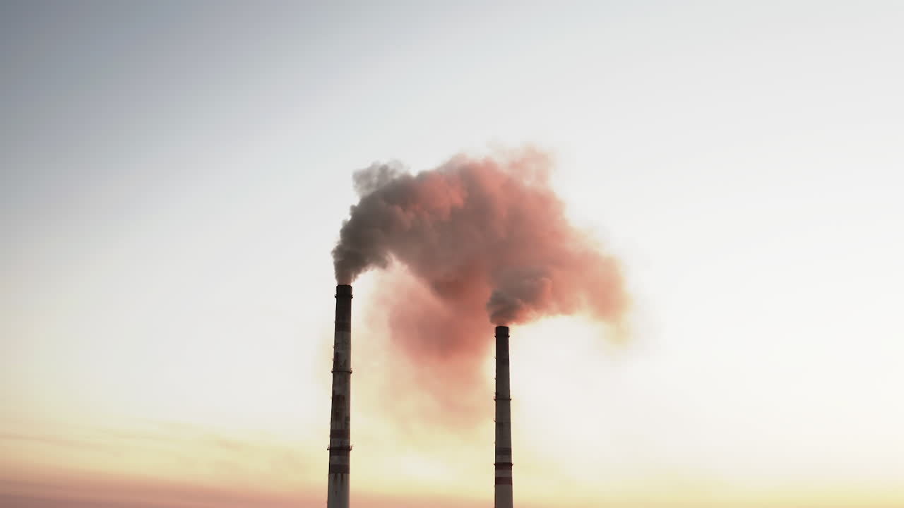 Thick smoke from chimneys against the evening sky. Industrial pipes with puffs of pink smoke at sunset. Chemical steam from factory pollute the environment. Climate change.