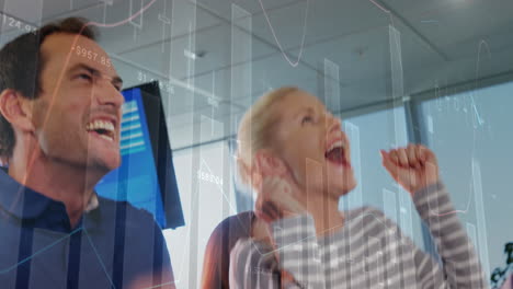 animation of multiple graphs with changing numbers, excited caucasian coworkers giving high fives