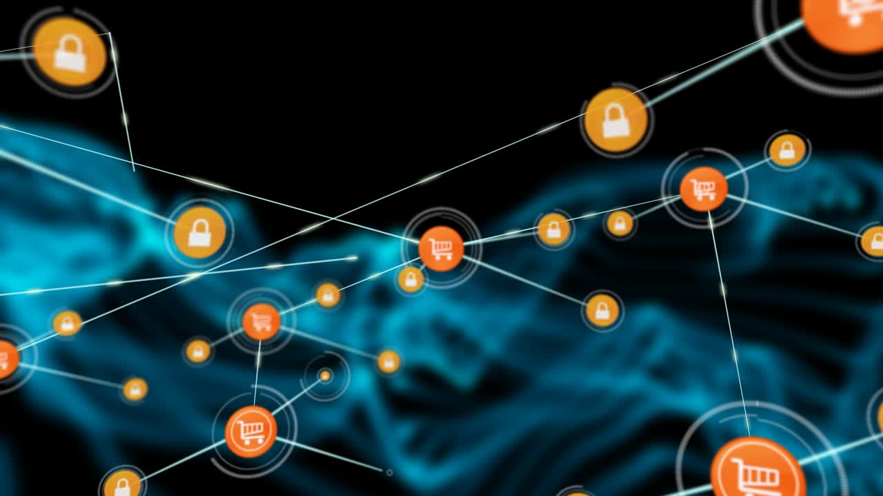 Animazione di una rete di connessioni con icone su forme su sfondo nero