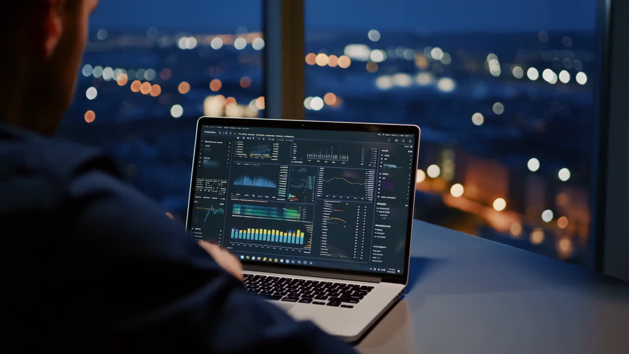 Person analyzing financial data on laptop with night city view