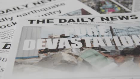 newspaper headline featuring devastation caused by earthquake disaster