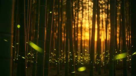 a serene evening in a bamboo forest illuminated by glowing fireflies, where nature's beauty blends with mystical lights at sunset