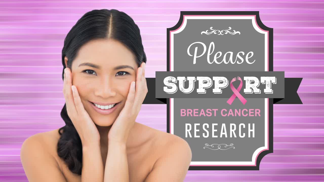 젊은 여성 위에 유방암 텍스트가 있는 분홍색 리본 로고의 애니메이션