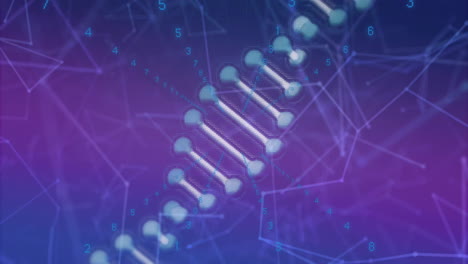 animación del procesamiento de datos, cadena de adn y formas en fondo azul