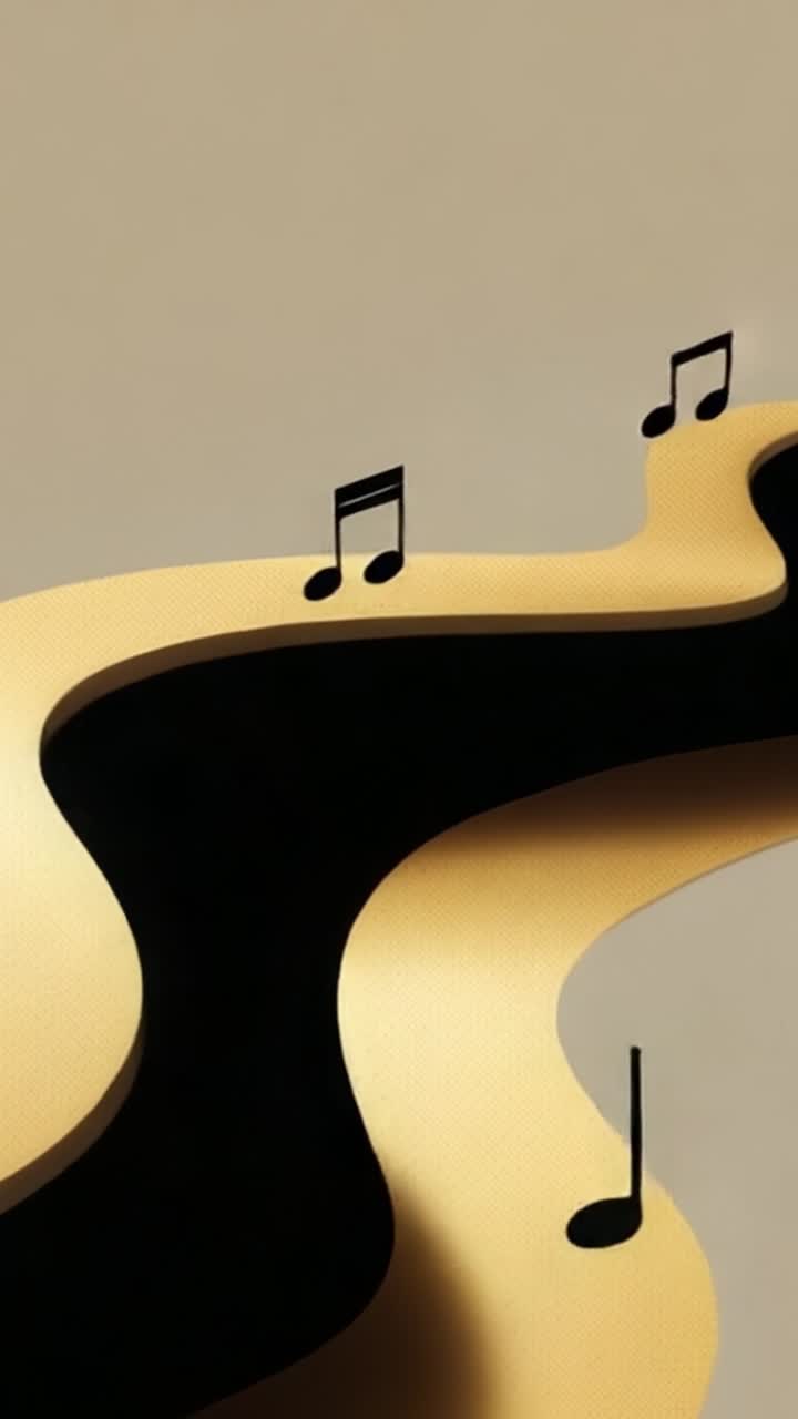 Una rappresentazione artistica di note musicali che scorrono attraverso onde dorate catturate in due cornici, simboleggiando creatività e ispirazione in uno stile minimalista.