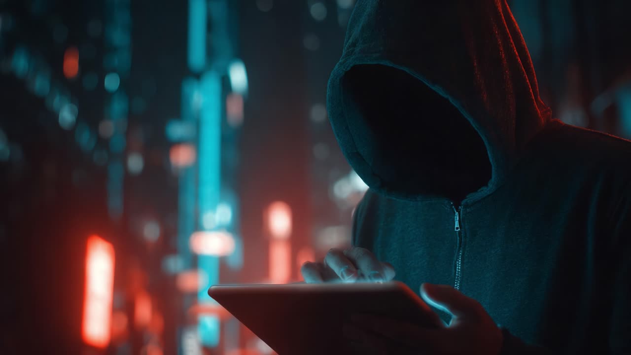 A Mysterious Figure in a Hooded Cloak Engaged in Suspicious Activity on a Tablet Amidst a Neon-Lit Urban Landscape, Creating an Atmosphere of Intrigue and Tension