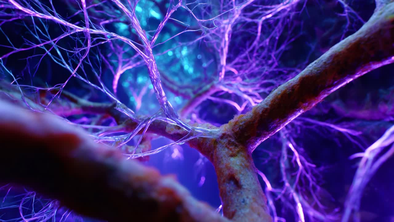 Intricate Network of Luminescent Fibers: A Close-Up Exploration of Colorful Neural Structures, Showcasing Bioluminescence in a Mystical Atmosphere