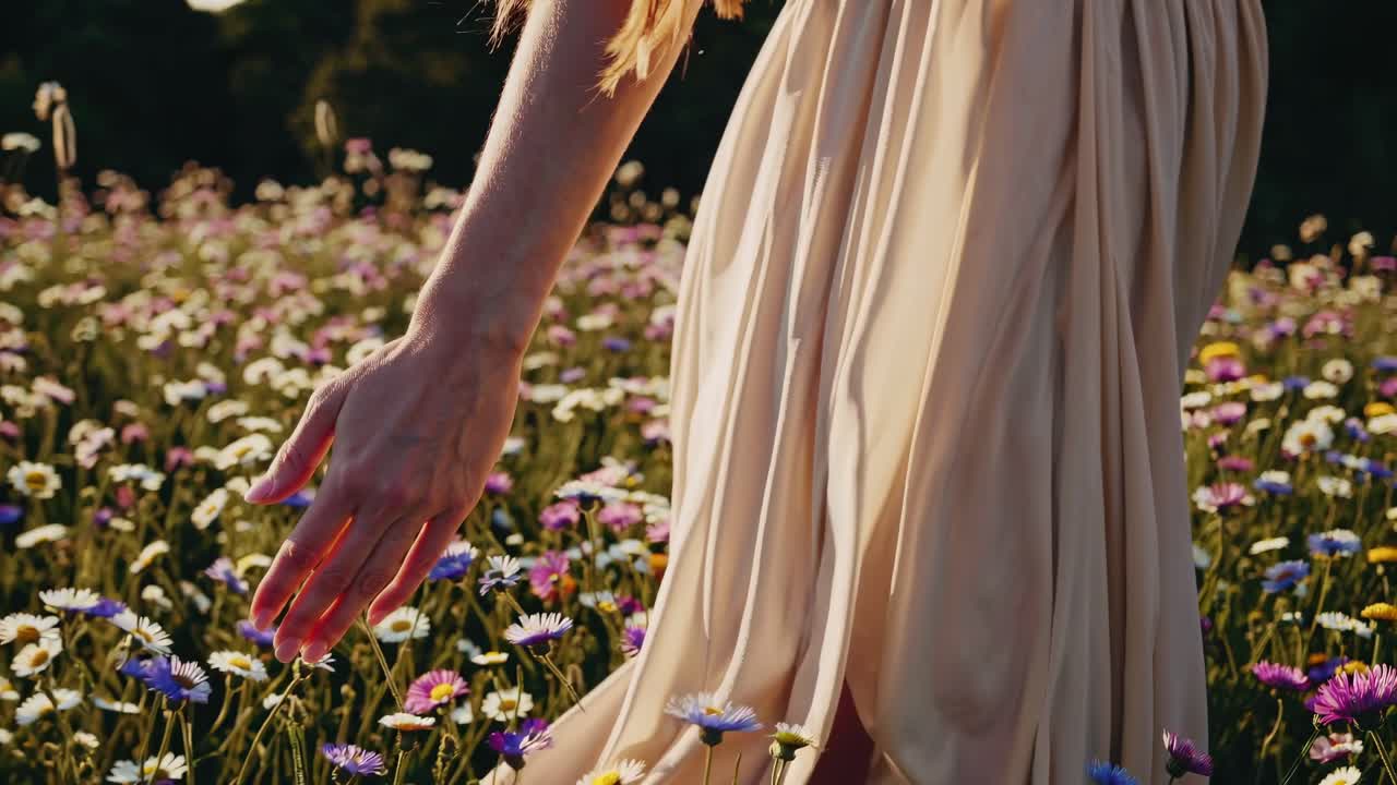 A low-angle video captures a person in a flowing dress walking through a vibrant wildflower field