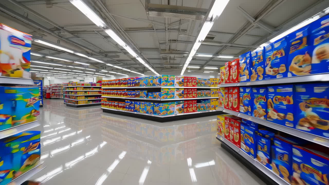 Empty supermarket aisle with stocked shelves