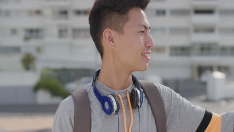 portrait young asian man tourist using smartphone taking photo of vacation experience enjoying sharing photography smiling cheerful slow motion