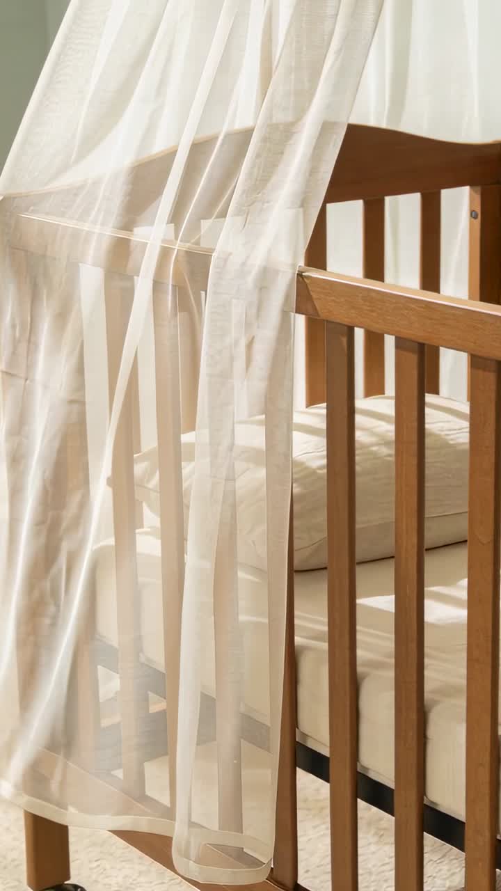 Vertical video: Wooden crib curtain drifting from breeze, revealing cream mattress for nursery
