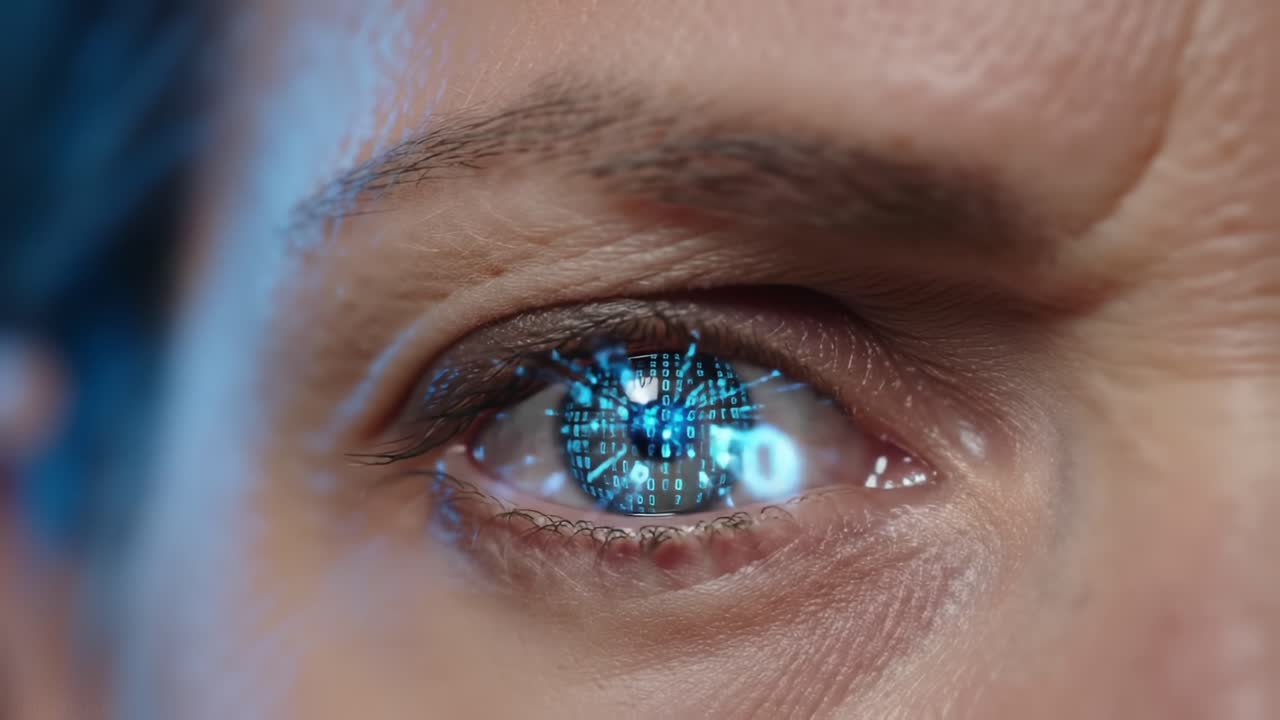 Exploring the Fusion of Human Vision and Digital Data: A Close-Up on Eye Reflection Infused with Advanced Technology Representing Information and Connectivity