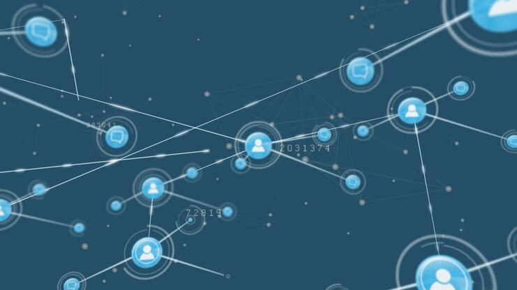 Animation of icons, dots connected with lines and numbers against blue background