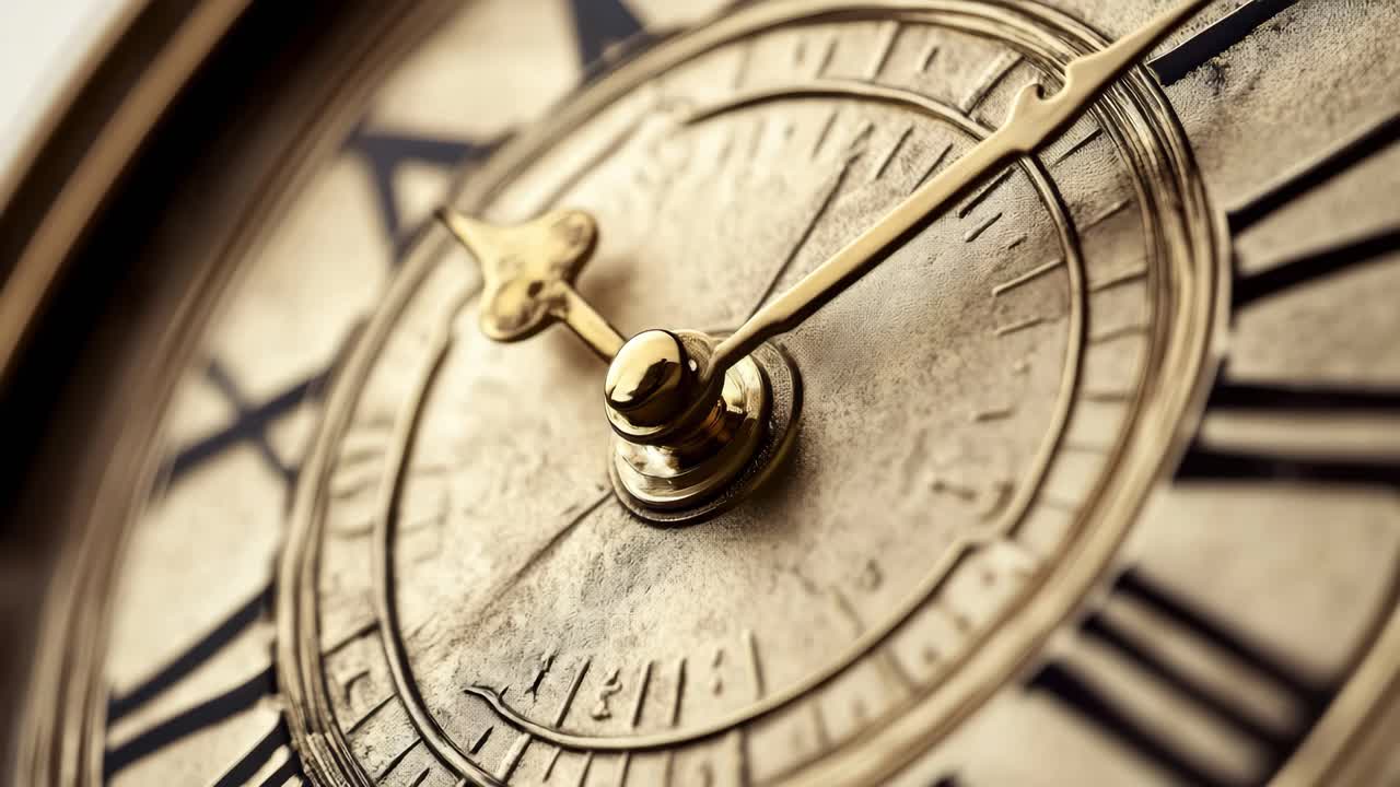 Close-up of a vintage clock face with Roman numerals, captured at an angled perspective, perfect