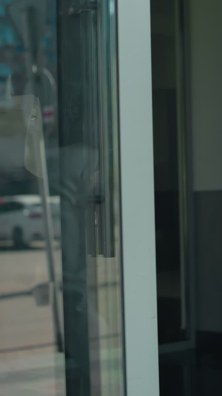 Office worker walks into office building dressed professionally with glass door reflecting urban surroundings, parked cars, and street, focus on back view modern corporate environment