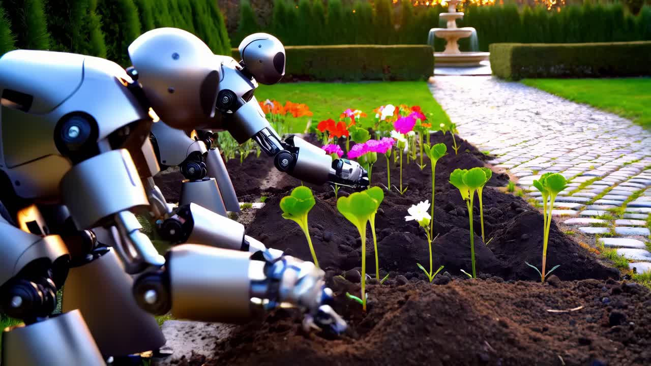 robots plantando flores en un jardín