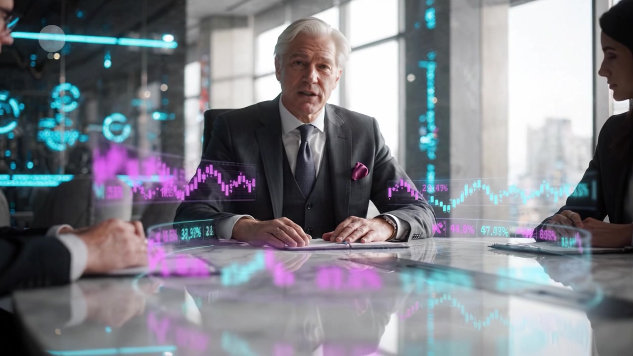 En seriøs diskussion om finansielle tendenser og markedsanalyse i et moderne konferencelokale med avancerede digitale skærme og grafiske grænseflader