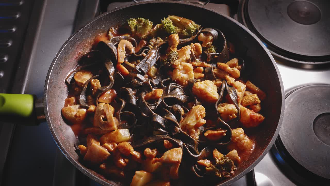 Healthy Cooking Chicken Noodles with Vegetables - Overhead View