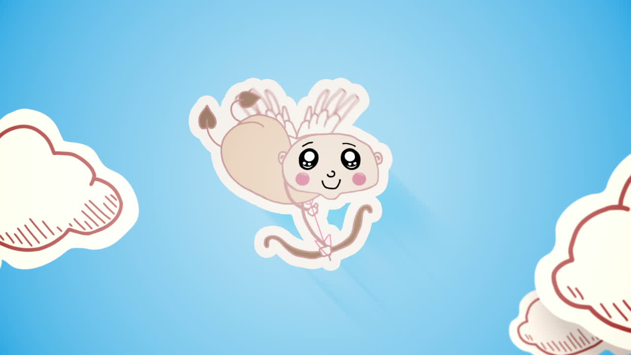 귀여운 만화 쿠피돈이 축하와 함께 풍선에 화살을 습니다.