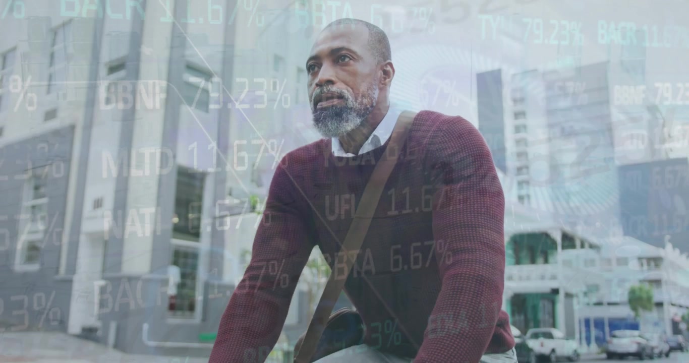 Animation of financial data processing over businessman on bike in city